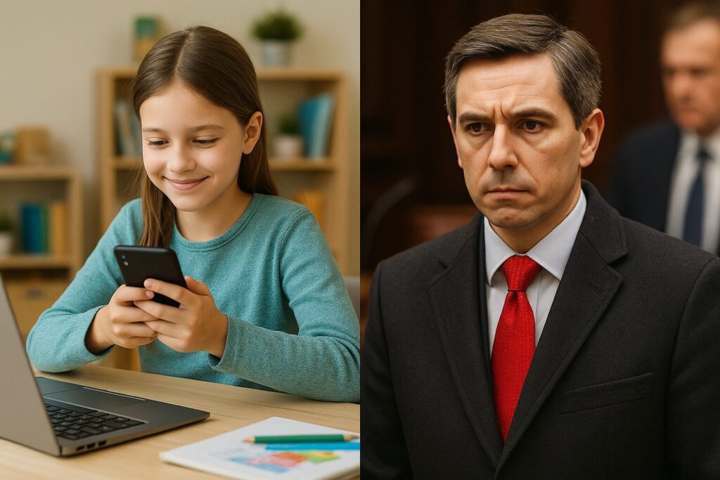 Young girl using social media and stern politician